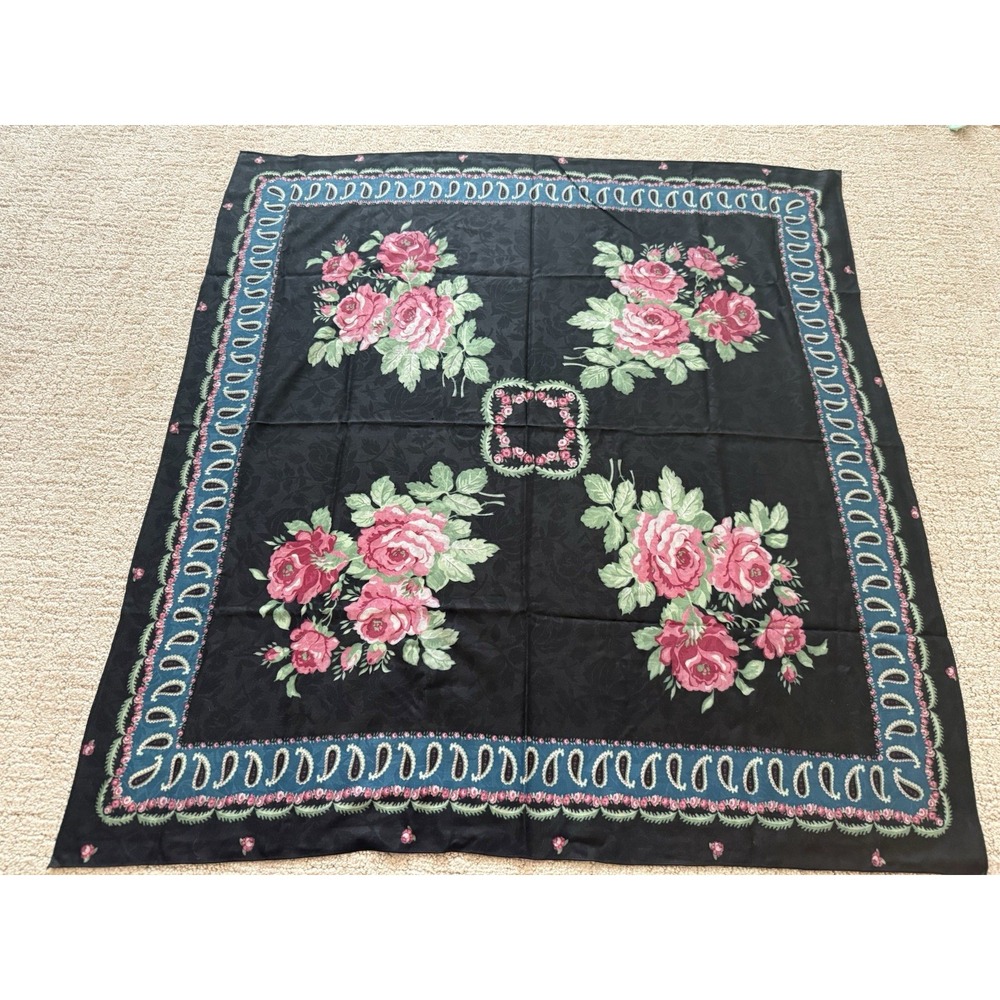 Vintage Black & Pink Rose Cotton Blend Scarf Russian Floral Cottagecore 35"